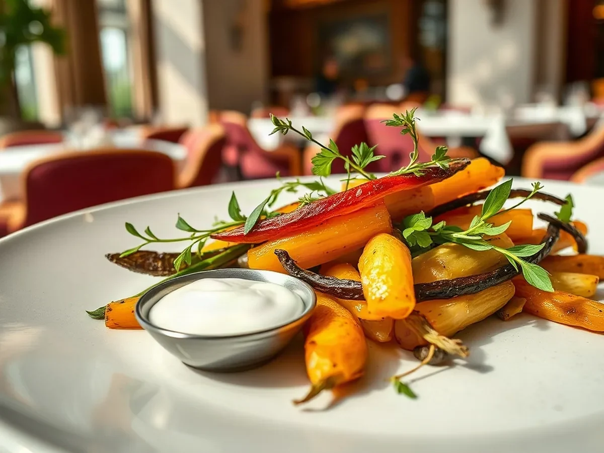 Crisp garden vegetables and cultured cream on pale ceramic in soft natural light.
