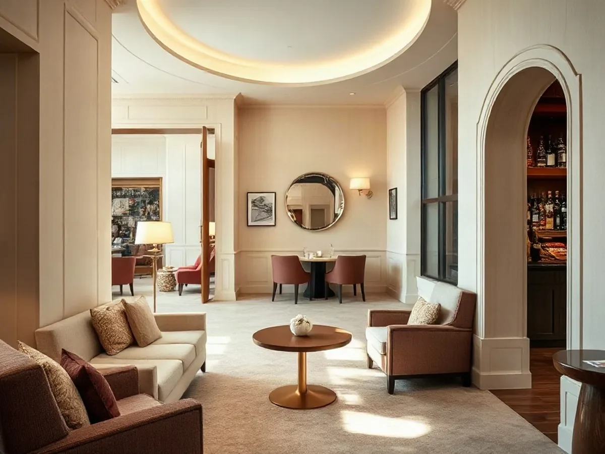 Quiet lounge with cream seating, warm oak and soft daylight across pale plaster.