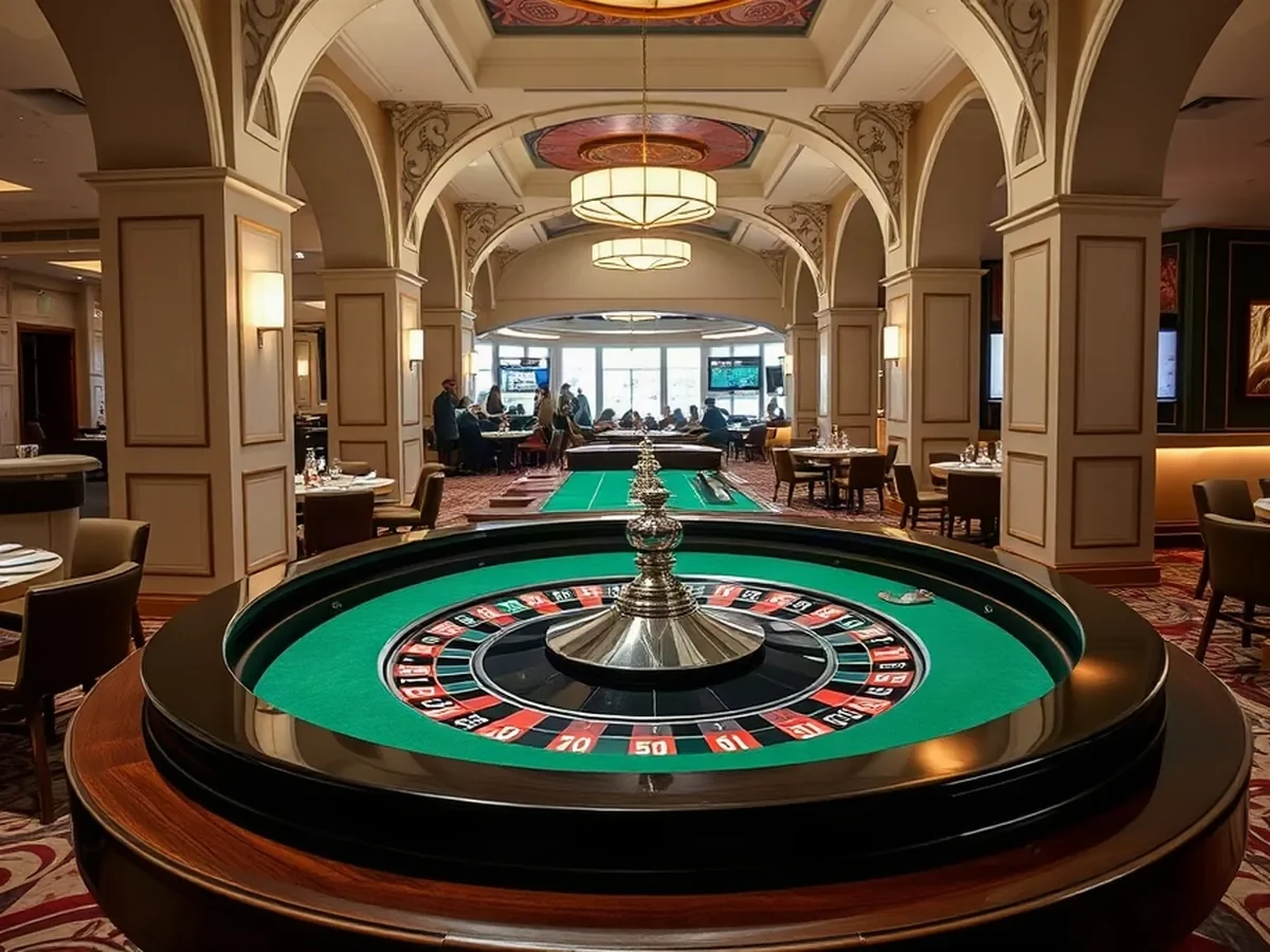 Physical roulette wheel and green felt table under soft light, with oak and pale plaster nearby.