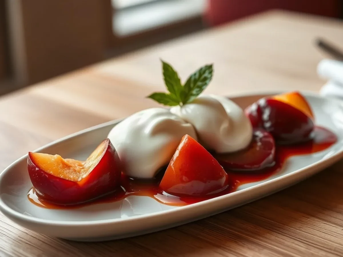 Soft poached fruit with cultured cream on pale ceramic in warm diffused light.