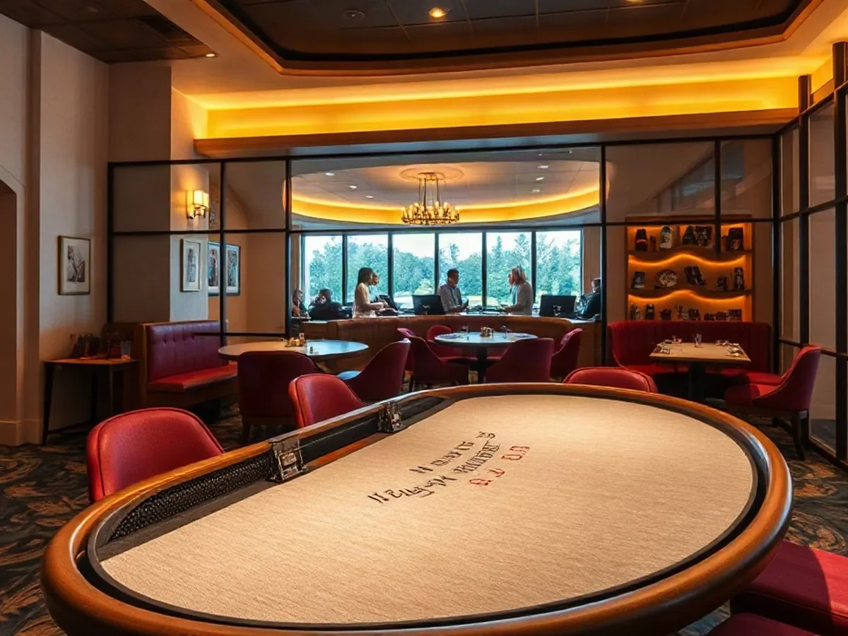 Physical blackjack table with felt playing surface and dealer position in warm layered light.
